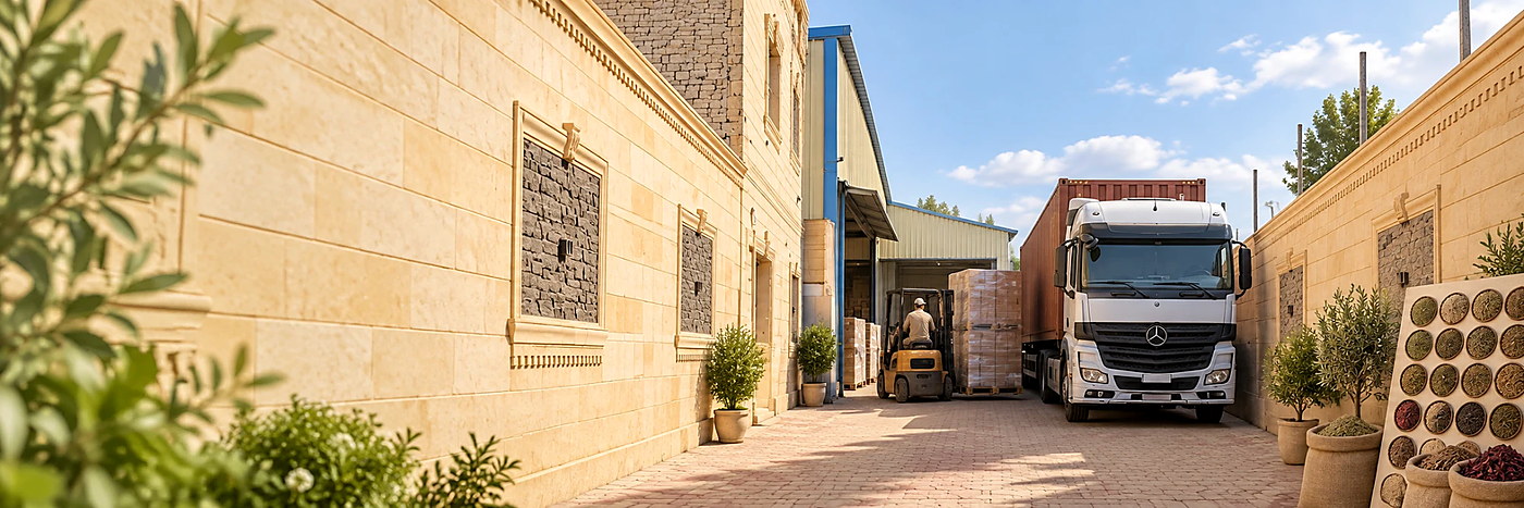 Export scene: container truck and forklift at a loading yard