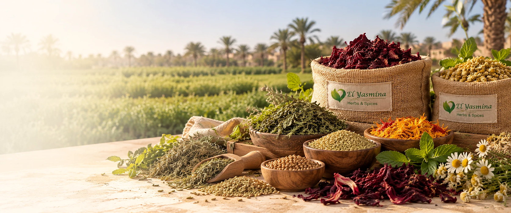 Dried hibiscus, chamomile, fennel seed, herbs and flowers in bowls and labelled sacks in front of a green field with palms