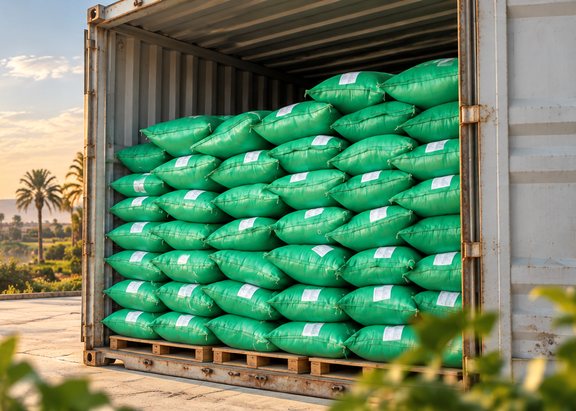 Sacks stacked inside an export container