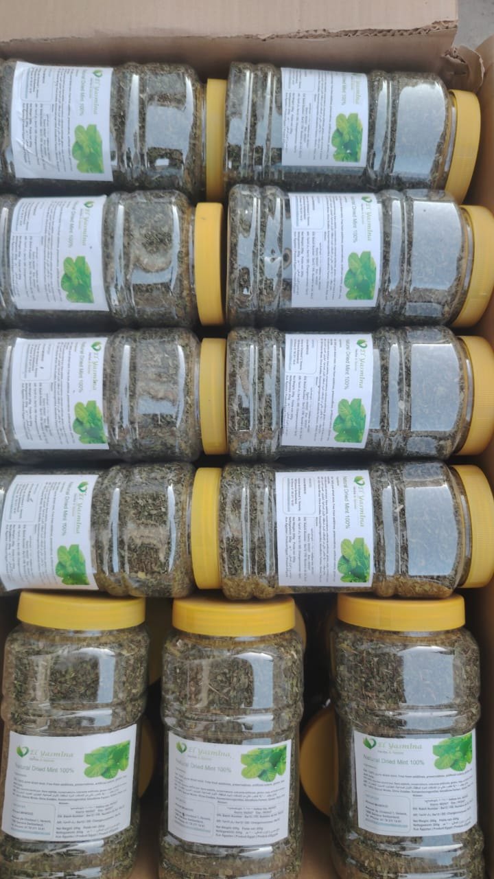 El Yasmina Natural Dried Mint in branded retail jars with English and Arabic labels