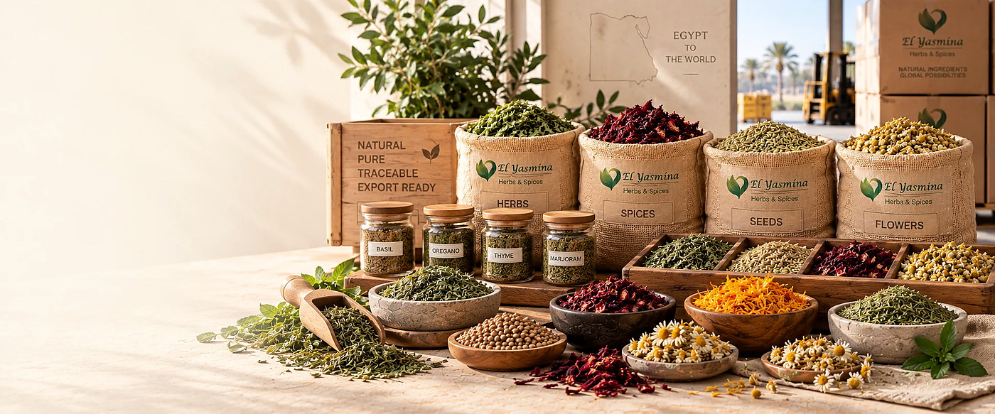 Herbs, spices, seeds and flowers in labelled sacks, jars and bowls at an export packing station