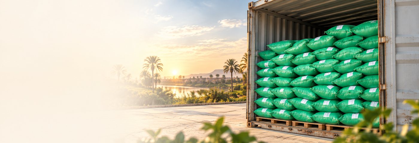 Open export shipping container loaded with labelled sacks of Egyptian herbs and spices at sunset